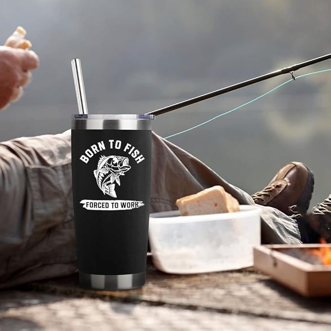 Fishing Gifts For Men Gifts for Fathers Day 20oz Black Born To Fish Forced to Work Travel Tumbler Birthday Christmas Presents For Grandpa Dad Uncle Boyfriend Fishing Lover Travel Cup With Lid Straw