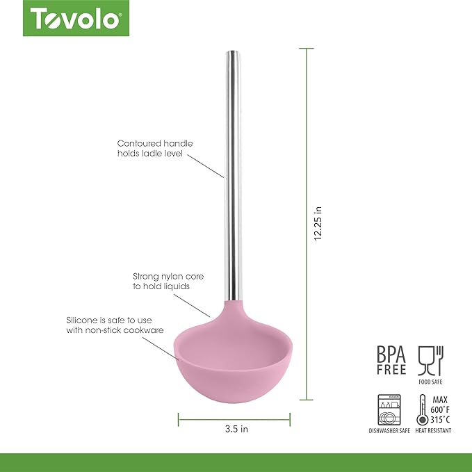 Tovolo Silicone Ladle With Stainless Steel Handle Deep Soup Ladle for Cooking Canning Serving Soup Punch Stew Sauce, Large Kitchen Utensil Spoon Dishwasher Safe BPA Free Silicone, Pink Sorbet