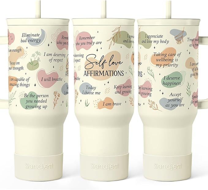 SANDJEST Inspirational Tumbler with Handle 40oz, Daily Positive Inspiration Coffee Cup Stainless Steel Travel Mug, Motivational Gifts for Women Girls Friends Coworker, Gift for Christmas Birthday
