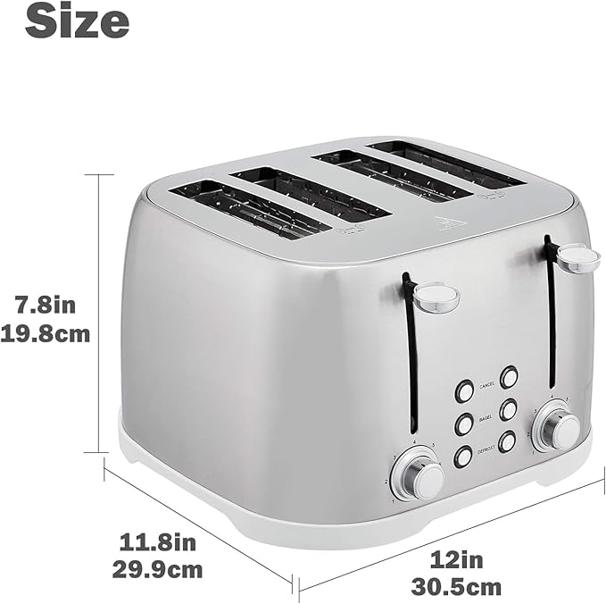 4 Slice Brushed Silver Stainless Steel Toaster with Wide Slots, Bagel, Defrost, Cancel Functions, 1600W Family Size Bread Maker for Modern Kitchens