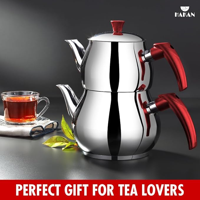 Hakan Stainless Steel 2.8 L, 93 Oz, Midi Double Bondy Tea Pot Set with Self Strainer Double Lids, Turkish Samovar Style Teapot Set, Tea Kettle for Loose Leaf Tea with Red Bakelite Handle 2.9-Quart