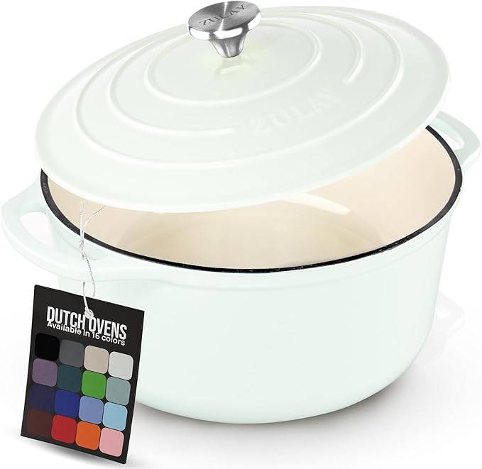 Zulay Kitchen 7.7 Quart Enameled Cast Iron Dutch Oven Pot with Lid – Premium Durability & Oven Safe up to 500°F – Heavy Duty Cookware Perfect for Bread Baking, Stews, Braising & Roasting – White