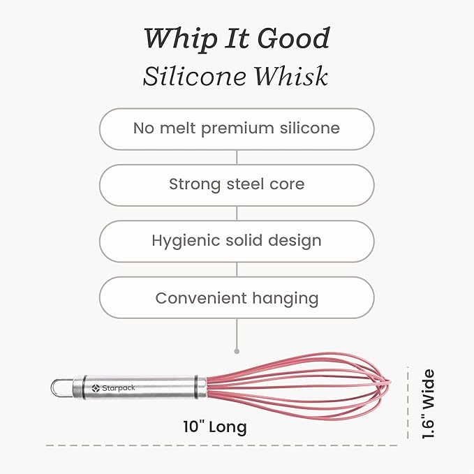 Starpack 'Whip it Good' Silicone Whisk for Nonstick Cookware - Non Scratch, 9.8" Whisk Heat Resistant 600°F - Kitchen Whisks for Cooking, Baking & Stirring - Silicone Coated Durable Rubber Egg Whisks