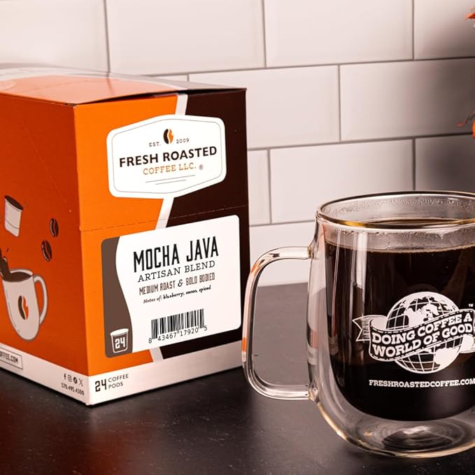 Fresh Roasted Coffee, Mocha Java, Medium Roast, 72 Pods for K Cup Brewers
