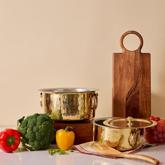 P-TAL Brass Stock Pot with Lid Naturally Nonstick and Toxin Free Pasta Pot Multipurpose Cooking Pot, PFOA and PTFE Free (3.2 Quart)