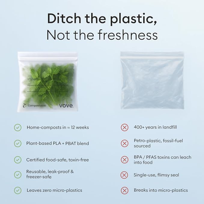 Vove Compostable Quart Bags, Large 30 Count – Freezer Safe, Leak Resistant, Non Toxic Food Storage for Leftovers & Meal Prep, Plastic-Free Eco Bags