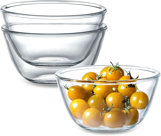 NUTRIUPS 3 Pack 24oz Glass Bowls Set for Cereal and Salad, Small Glass Bowls for Kitchen (5.4 inch)