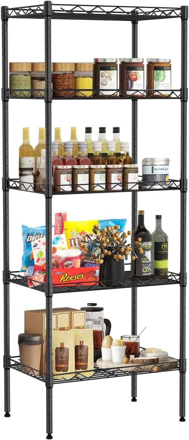 5-Shelf Storage Shelves Metal Shelving Unit NSF Garage Storage Rack Adjustable Wire Shelves Organizer for Kitchen Closet Basement, 750 Lbs Capacity, 16.7" L × 11.8" W × 47.6" H, Black