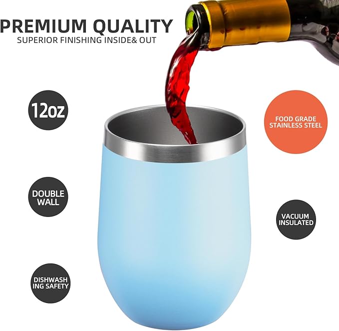 12 oz Insulated Wine Tumbler with Lid and Straw,Stainless Steel Stemless Wine Tumbler Double Wall Vacuum Wine Cups Tumbler Bulk for Coffee,Champaign,Cocktail,Office(Lavender/Cream/Pink/Baby blue)
