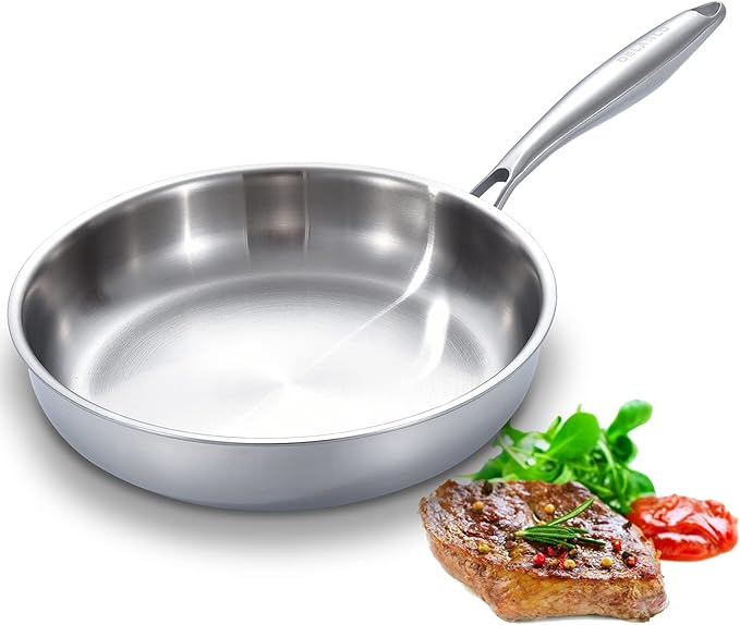 DELARLO Stainless Steel Frying Pan 11.6 inch, All Stove Safe Up to 600℉, Fast Even Heat, Tri-Ply Stainless Steel Cookware, Full Clad and Heavy Duty,18/10 Cooking Surface
