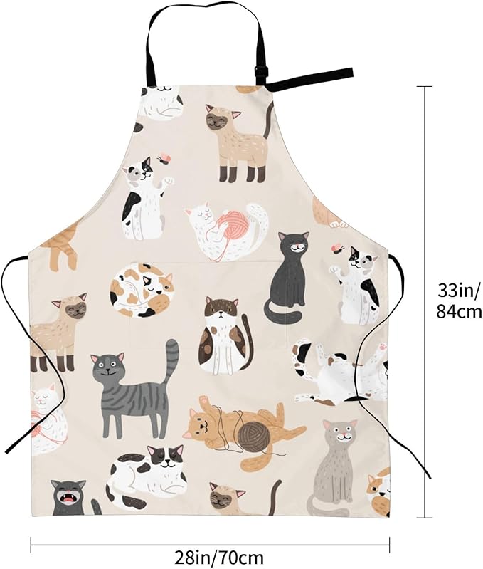 Cat and Dogs Animals Adjustable Bib Neck Chef Aprons, Kitchen Bbq Waterproof Apron with 2 Pockets For Mom Dad