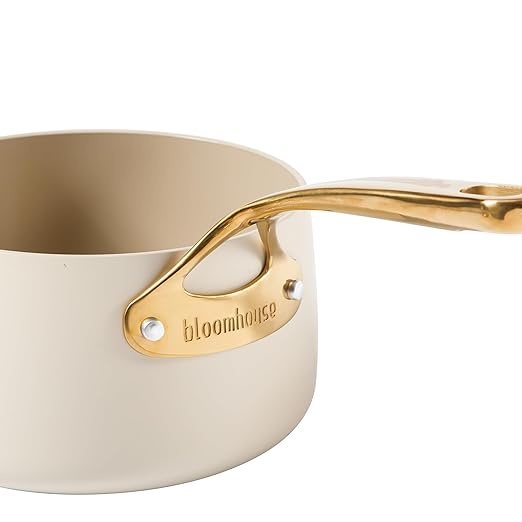 bloomhouse - Two Time Oprah's Favorite Things Winner - 3 Quart Heavy Duty Aluminum Premium PFA Free Ceramic Nonstick Saucepan with Lid - Almond Cream w/Gold Handle
