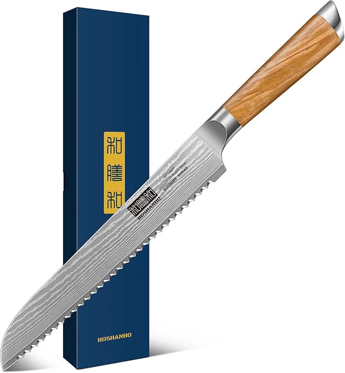 HOSHANHO Bread Knife 8 Inch, Damascus Steel Bread Kitchen Knife with Ergonomic Olive Wood Handle, Professional Ultra-Sharp Serrated Knife for Homemade Bread, Sourdough Bread Cutting