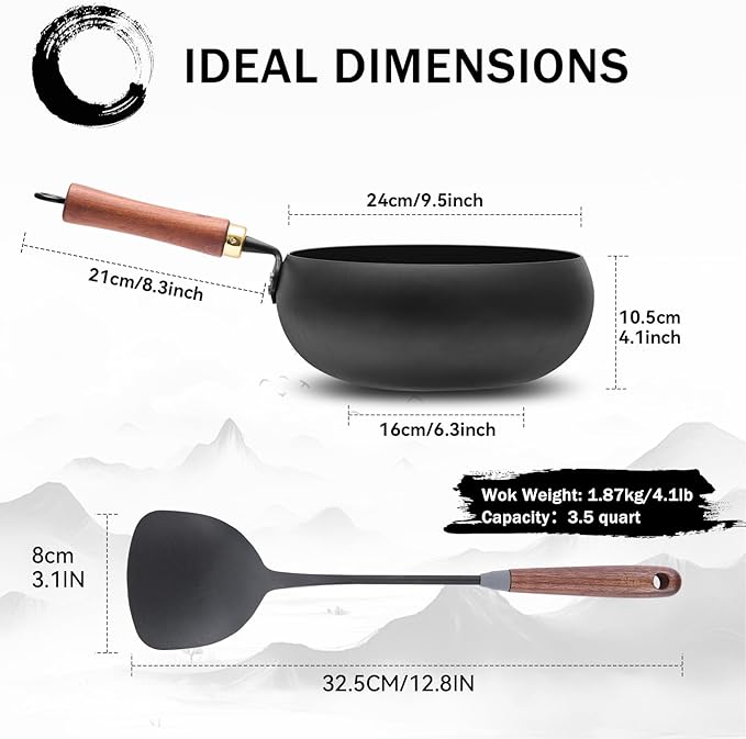 WANGYUANJI 9.5-Inch Iron Wok Pan with Lid & Spatula, Deep Flat-Bottom Stir Fry, Uncoated & Unseasoned, Induction Compatible, Upgraded Wooden Handle