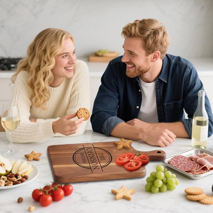 callie Personalized Cutting Board with Monogrammed Name, Wooden Kitchen Chopping Boards with Handle, Reversible Engraved Serving Tray, Housewarming Gifts for Family(S, M, L)