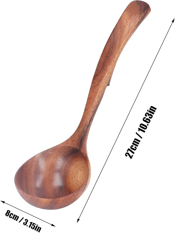 Wooden Ladle Spoon, Long Handle Wood Teak Soup Deep Serving Spoon Porridge for Cooking Kitchen Smooth Finish Lightweight Natural Texture Sustainable Handcrafted Versatile Utensil(10.63×3.15in)