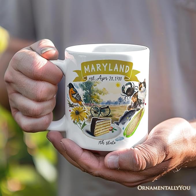 OrnamentallyYou State Travel Landmark Mugs – 12 oz Ceramic Coffee Cups, U.S. Souvenir Gift for Tourists (Artistic Maryland State Themes and Landmarks Mug)