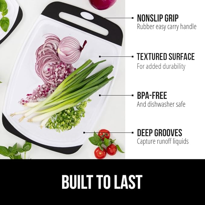 GORILLA GRIP BPA-Free Reversible Kitchen Cutting Board Set of 3, US Designed, Nonporous, Juice Grooves Catch Liquid, Slip Resistant Border, Dishwasher Safe Large Food Chopping Boards, Black Aqua Gray