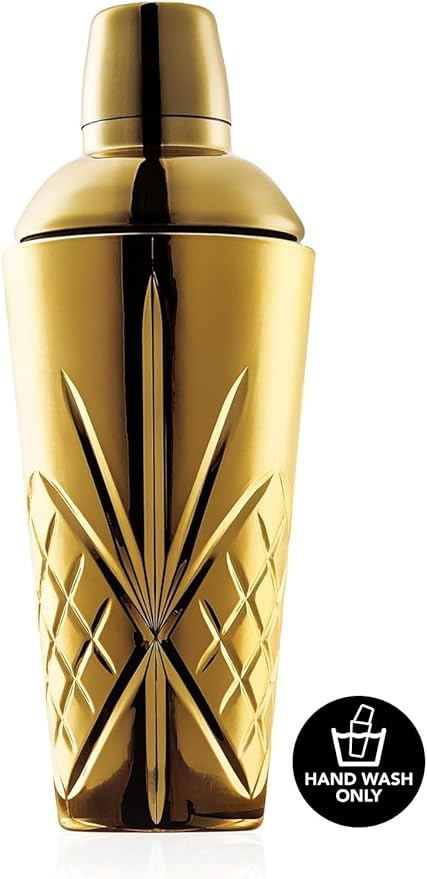 Crystal Cocktail Shaker W/Cutting &Gold Design - 18.5oz-Jumbo Martini Shaker for Elevated Mixology. for Espresso Coffee, Motcha, Mocktail, No Cold Hands. Christmas, Holiday, HomeBar, Parties