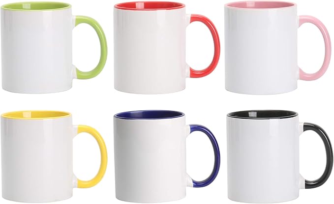11oz White Ceramic Sublimation Coffee Mug With Solid Colors Inside and Handle, Mixed 12 Colors, Case of 12