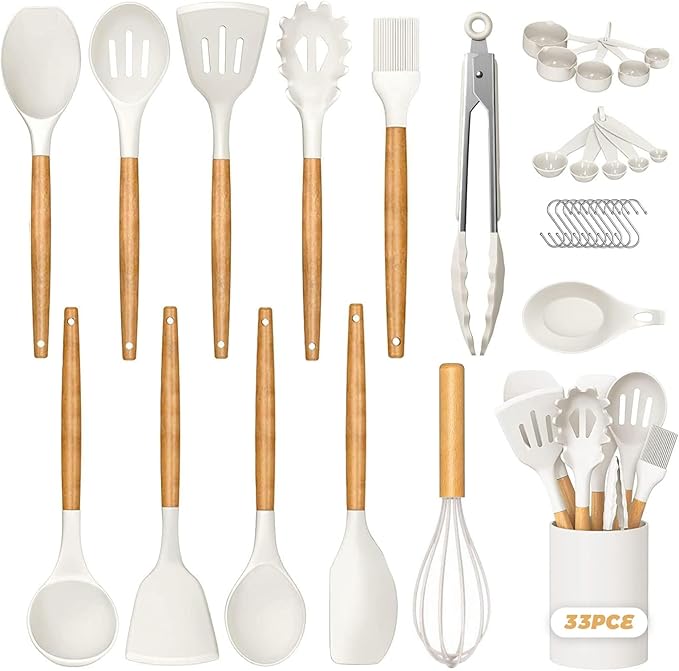 Kitchen Cooking Silicone Utensils Set, 33 pce Rubber Spatula Cookware Accessories For Home, Chef Decor Appliances, Nonstick Heat Resistant Silicona can withstand temperatures up to 446 (33 pce white)