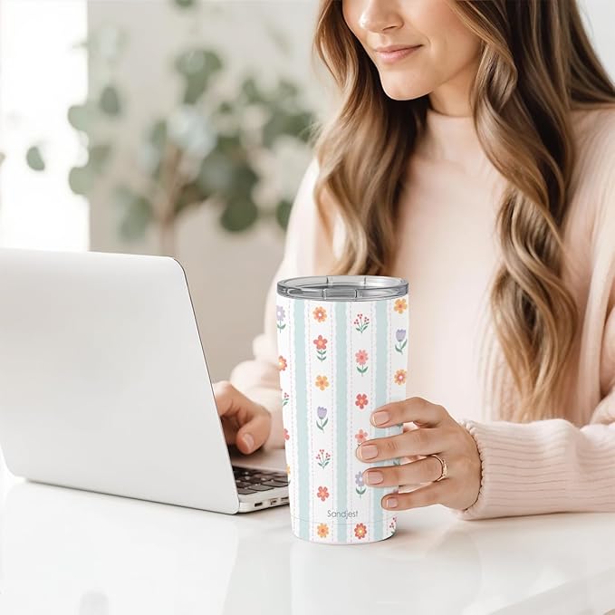 SANDJEST Floral Tumbler 20oz, Stainless Steel Travel Cup with Lid, Insulated Coffee Mug, Floral Gifts for Women Girls Friends Sisters on Birthday Christmas