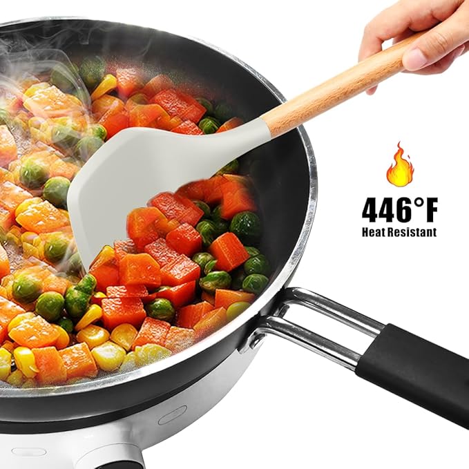 Silicone Cooking Utensils Set - 446°F Heat Resistant Silicone Kitchen Utensils for Cooking,Kitchen Utensil Spatula Set w Wooden Handles and Holder for Non-Stick Cookware, BPA FREE (Cream White)