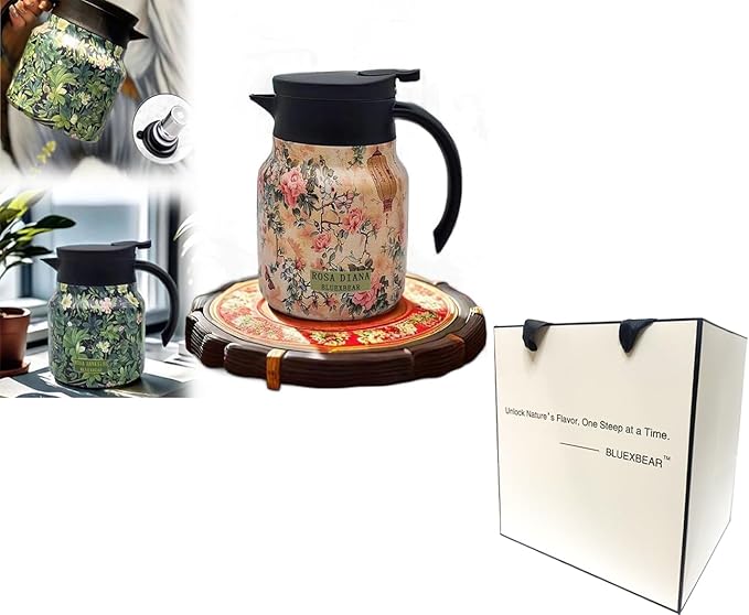Vintage Floral Pattern Teapot, Doresty Tea Pot, Vintage Floral Pattern Tea-Built-In Infuser, Stainless Steel Thermal Carafe with Lid for Hot Drinks (Pink, Plastic handle)