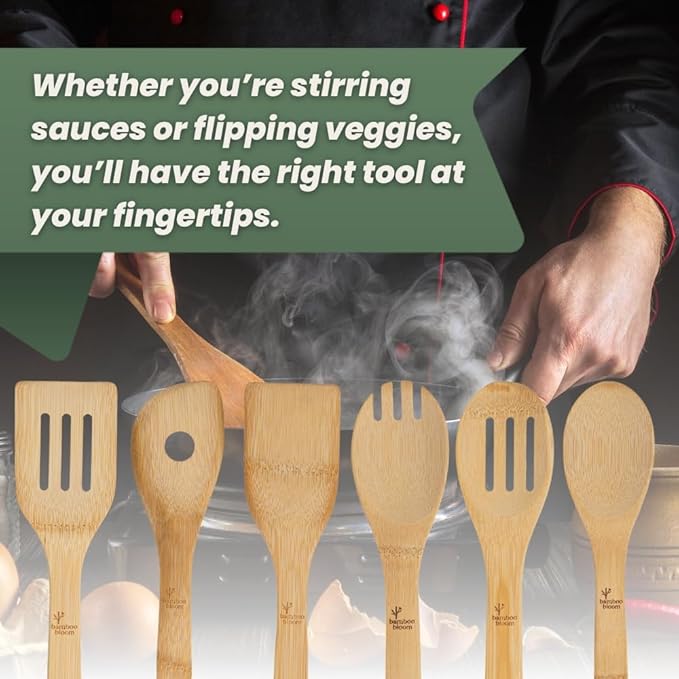 6 Piece kitchen utensils set - bamboo cooking utensils with comfort grip, including utensil holder, bamboo spoons, shovels & spatulas | wooden utensil set for non-stick pans, kitchen essentials