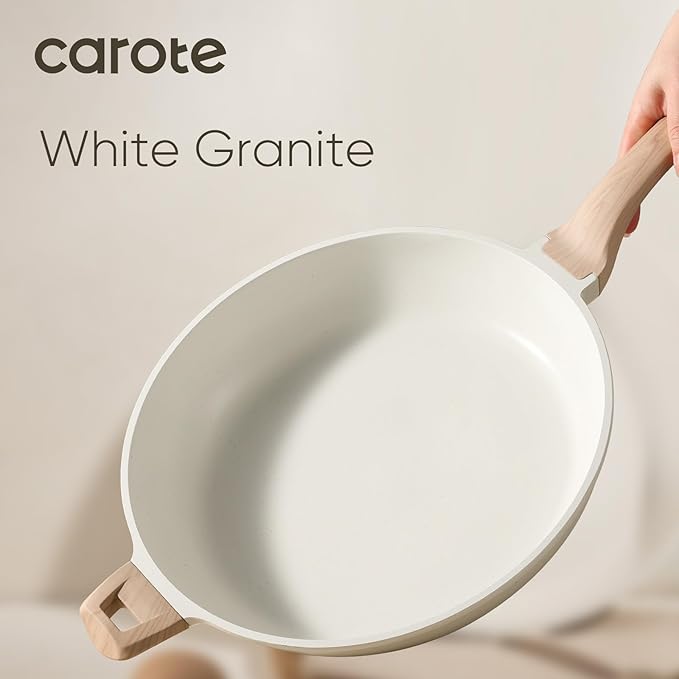 CAROTE 12.5 Inch Non Stick Frying Pan with Lid,White Granite Nonstick Skillet Omelet Pans, Egg Pan Granite Cookware, PFOS & PFOA Free