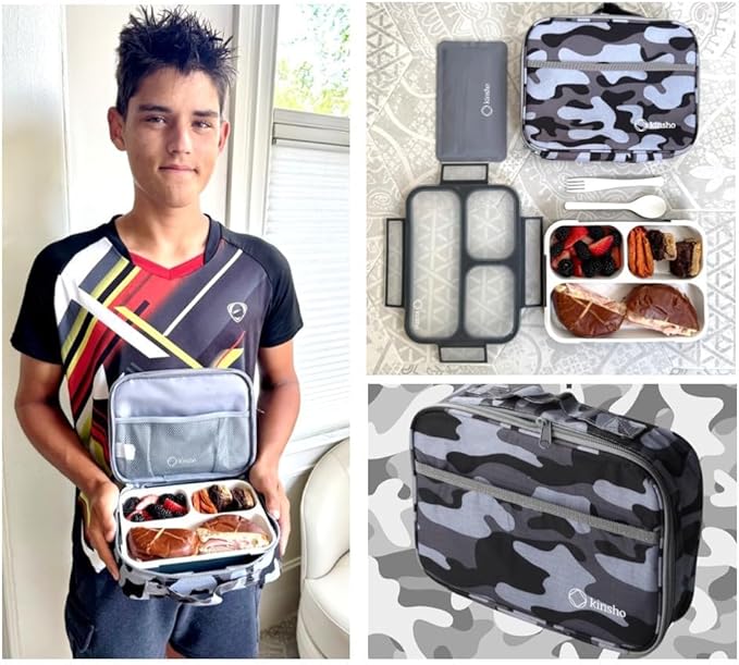 kinsho Bento Box with Insulated Lunch Bag and Ice Pack. Lunch Container with 3 Divided Leak-Resistant Compartments Perfect for Work or School, Adults Boys Kids, Black with Camo Bag