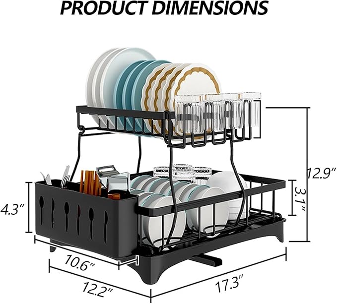 Large Dish Drying Rack for Kitchen Counter, Detachable Large Capacity Dish Drainer Organizer, 2-Tier Dish Racks with Utensil Holder
