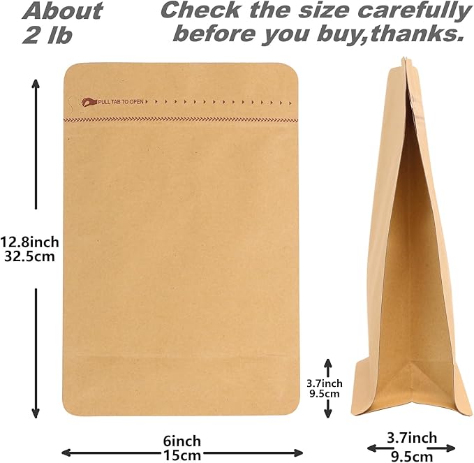 150 Pack High Barrier Stand-Up Coffee Bean Bags with Vented Valve, Matte Metallic, Heat-Sealable and Resealable Pouches for Food Storage (6 * 12.8 inch,2 lb,32 oz,Brown Kraft Paper)