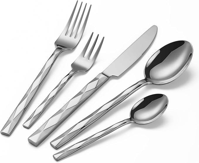 Silverware Set, Luxury 20-Piece Flatware Set for 4, Cutlery Set Stainless Steel, Diamond Cut Pattern, Home, Wedding & Party, 18/10 Stainless Steel Tablewaret & Dishwasher Safe Utensils.