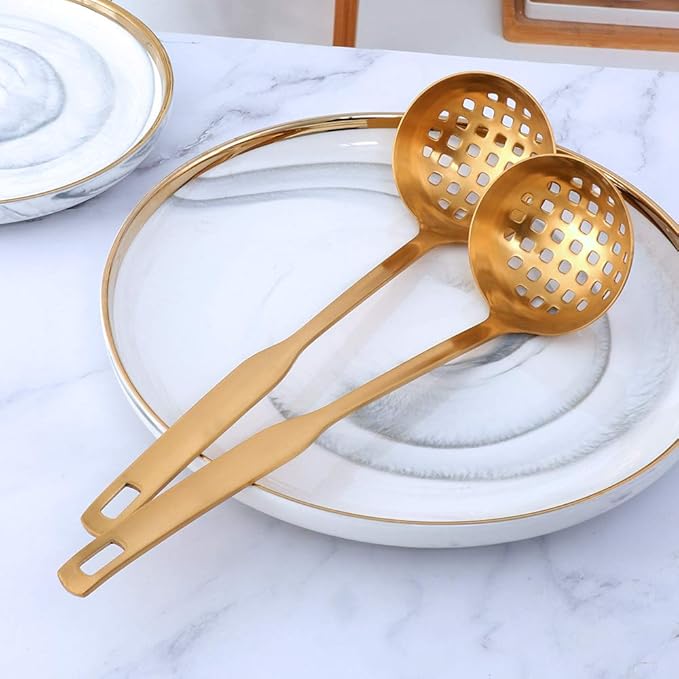 Buyer Star 2 Pcs Soup Ladle Colander, Gold Cookware Serving Long Handle Steel Slotted Spoon Cooking Utensil Set for Hotpot