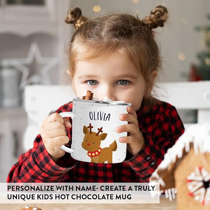 Andaz Press Personalized Name 11oz. Kids Christmas Hot Chocolate Stainless Steel Campfire Coffee Mug, Adorable Rudolph Reindeer Red Collar, 1-Pack, Custom Birthday Xmas Cup Kids Hot Chocolate Mug
