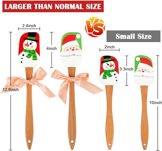 Christmas Silicone Spatula, Set of 2, Large Santa & Snow Man Spatula with Wooden Handle, Great for Christmas Decorating, Gifts and Baking(12.6inch)