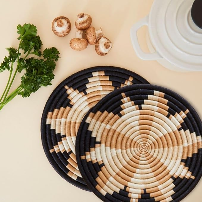 Brown Flower Woven Trivet Set, Trivets for Dishes, Pots and Pans, Heat Resistant Hot Pads, Pot Holders for Table, Plate Mats for Countertops, Kitchen Table Accessories, 8" Wide, Boho Decor