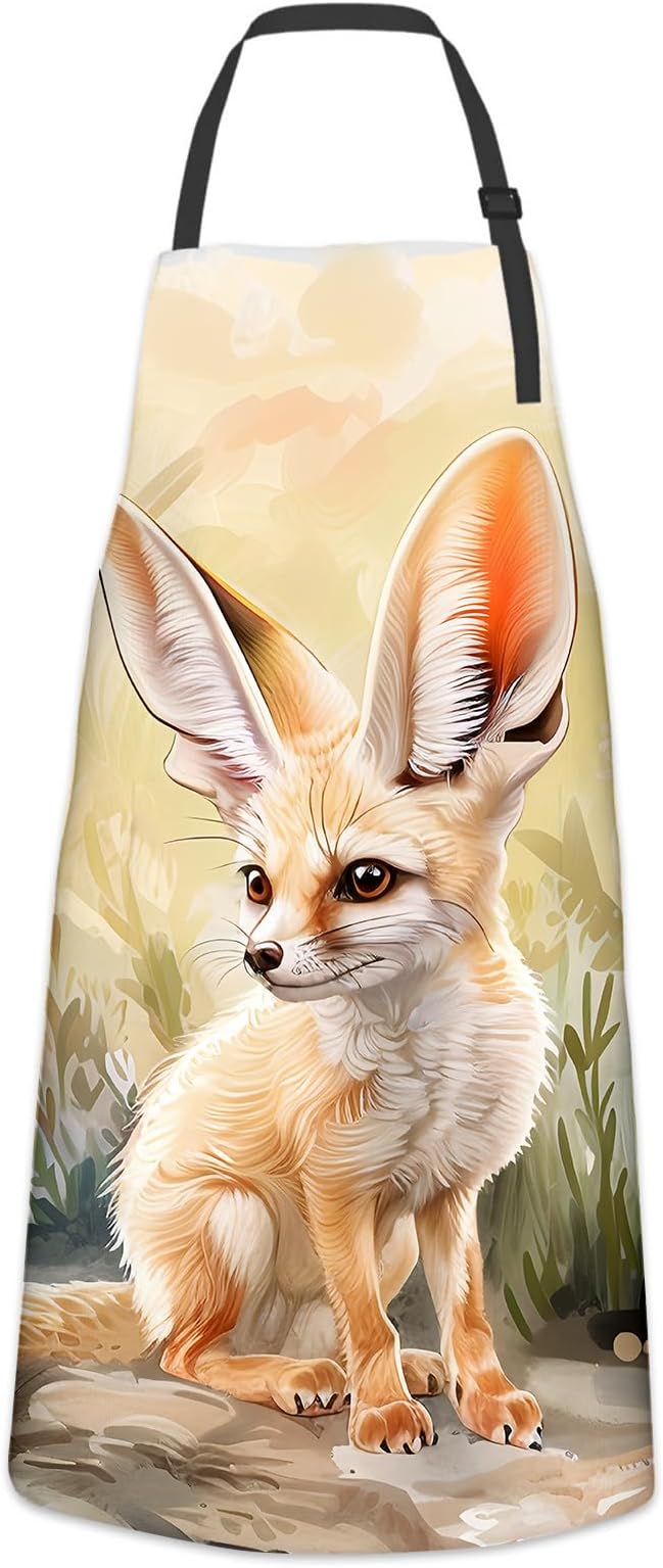 Adorable Fennec Fox Apron for Women Men, Cooking BBQ Chef Polyester Lightweight Cute Animal Aprons with Pockets for Baking Kitchen Gardening Cleaning, Adjustable Neck Strap, 28×33inch