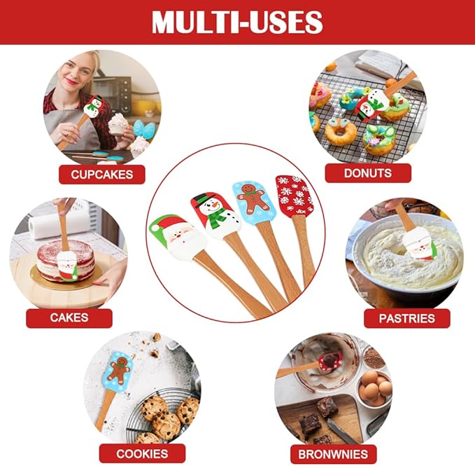 BOYAN Christmas Silicone Spatula, Set of 4, Christmas Spatulas with Wooden Handle for Baking, Kitchen Utensils Baking Supplies for Cooking, Gifts and Decoration