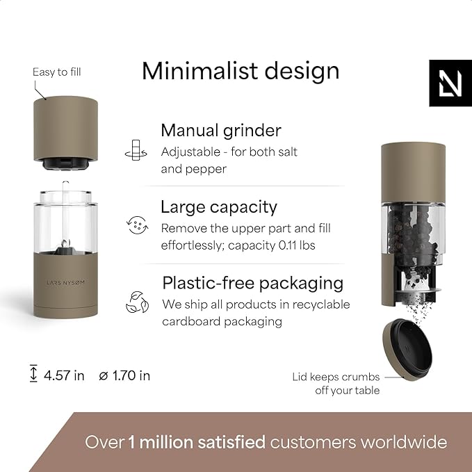 LARS NYSØM Salt and Pepper Grinder Set, Manual Salt and Pepper Mills with Adjustable Ceramic Grinder, Design Spice Shaker Set (Taupe Brown)