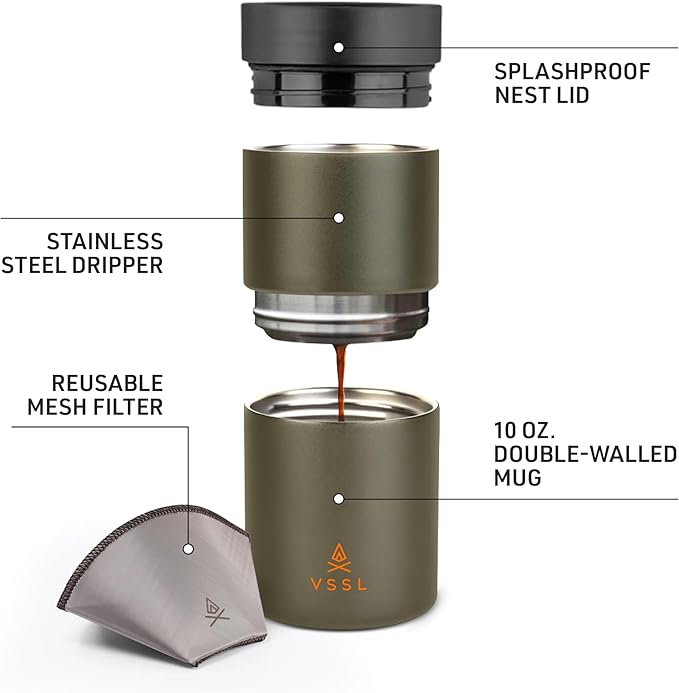 VSSL - Nest Pour Over Coffee Set | Coffee Maker for Camping | All-In-One Travel Pour Over | Transportable Dripper, 10oz Stainless Steel Travel Mug | Compact Storage & Adventure Ready | Deep Moss