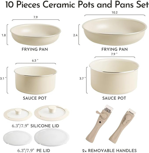 10-Piece Ceramic Nonstick Cookware Set, PFAS/PFOA/PTFE-Free & Non-Toxic Pots and Pans Set with Detachable Handles, Dishwasher Safe & Induction Compatible for Kitchen & RV Cooking