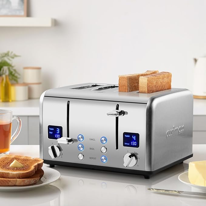 Stainless Steel Toaster, CUSIMAX 4 Slice Toaster with Smart LED Display, Exart Wide Slots, 6 Shade Settings, 1650 Watts, Bagel and Defrost Fuction, Cancel Button, Removable Crumb Trays
