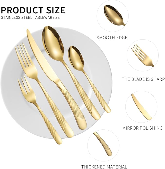 Hammered Silverware Set Gold Modern Stainless Steel Flatware for 4 Forks Knives and Spoons Party Dinning Utensils Elegant Creative Design Handle Festival Parties Everyday Use