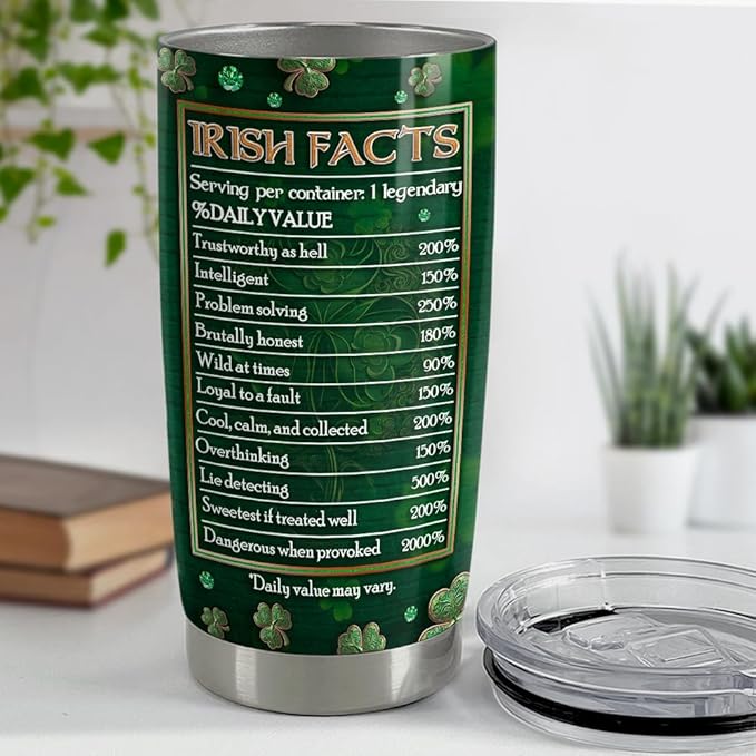 SANDJEST Irish Tumbler 20oz Irish Facts Celtic Cross Stainless Steel Tumbler with Lid Gift for Women Birthday Christmas