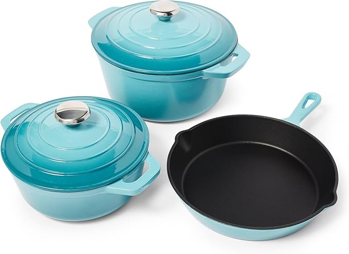 Sur La Table Enameled Cast Iron Cookware Set – Includes 5-Qt & 2.5-Qt Dutch Ovens with Lids and 10" Skillet, Oven to 500°F, Induction Compatible, Essential Starter Gift Set, Light Blue