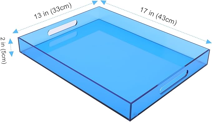 Large Acrylic Tray Ottoman Coffee Table Tray with Handles 17x13'' Decorative Serving Platter for Food Tea Dinner Snack Eating Bar Party, Blue