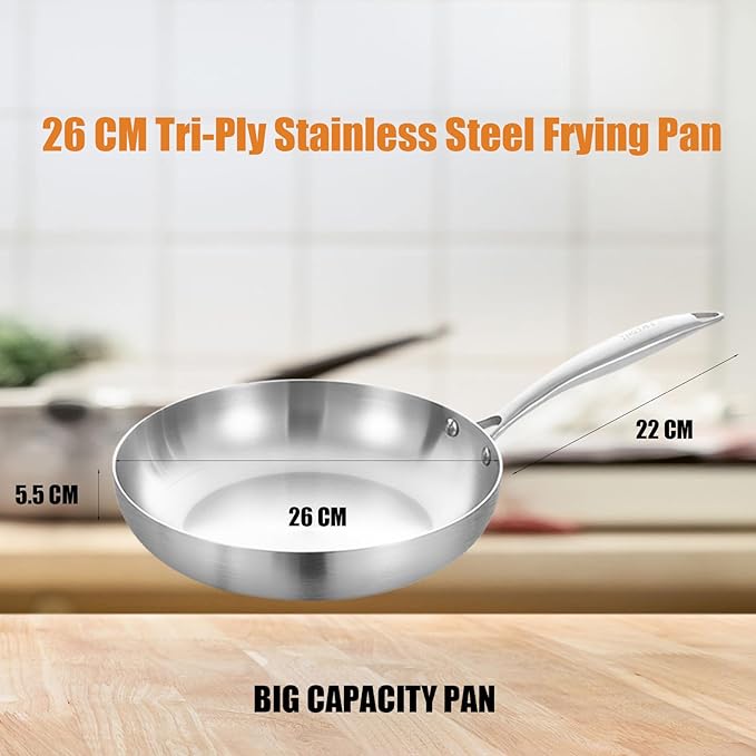 LOLYKITCH 10-Inch Tri-ply Dai. 26 CM Stainless Steel Frying Pan,Skillet,Induction Cooking Pan,Dishwasher and Oven Safe,Riveted Handle.