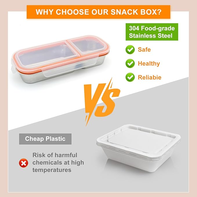 Stainless Steel Snack Containers with Lids, Reusable 2 Compartment Condiment Boxes, Stainless Steel Children's Fruit Box for School,Travel, Office and Outdoors
